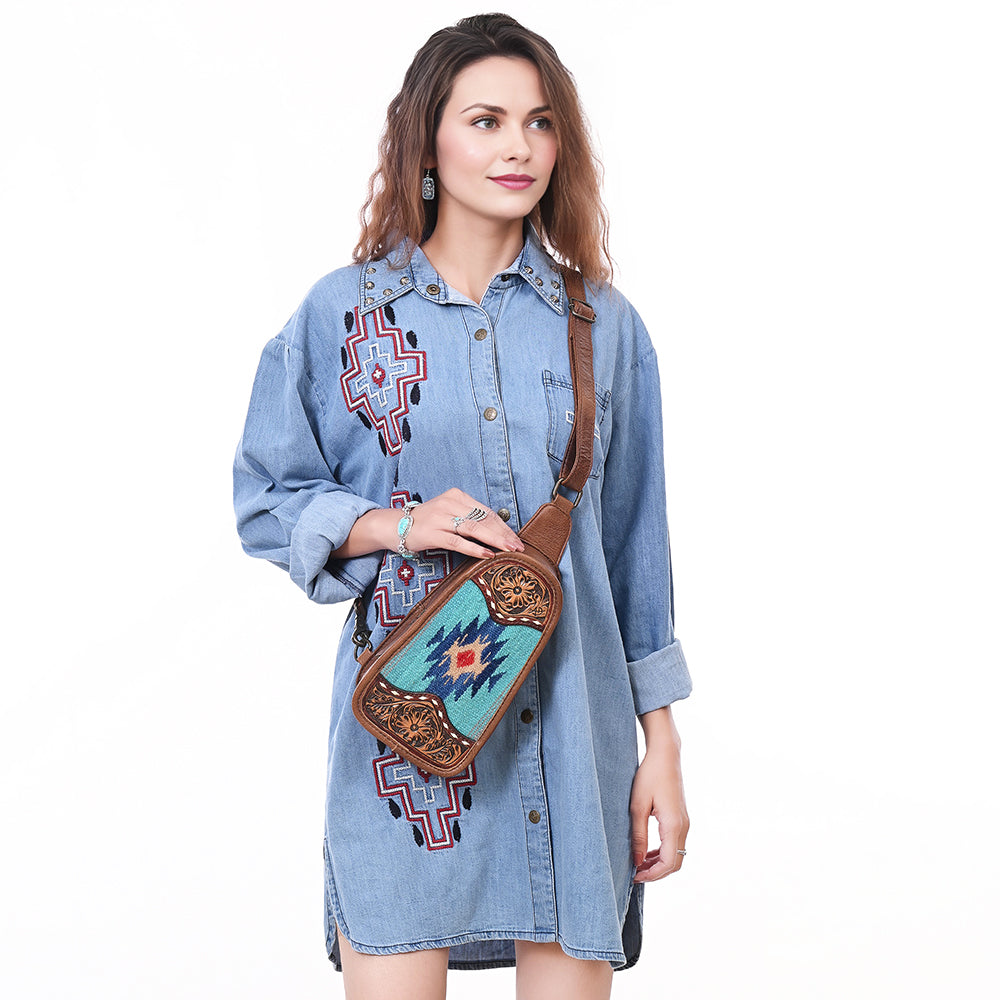 American Darling Sling Hand Tooled Upcycled Wool Genuine Leather