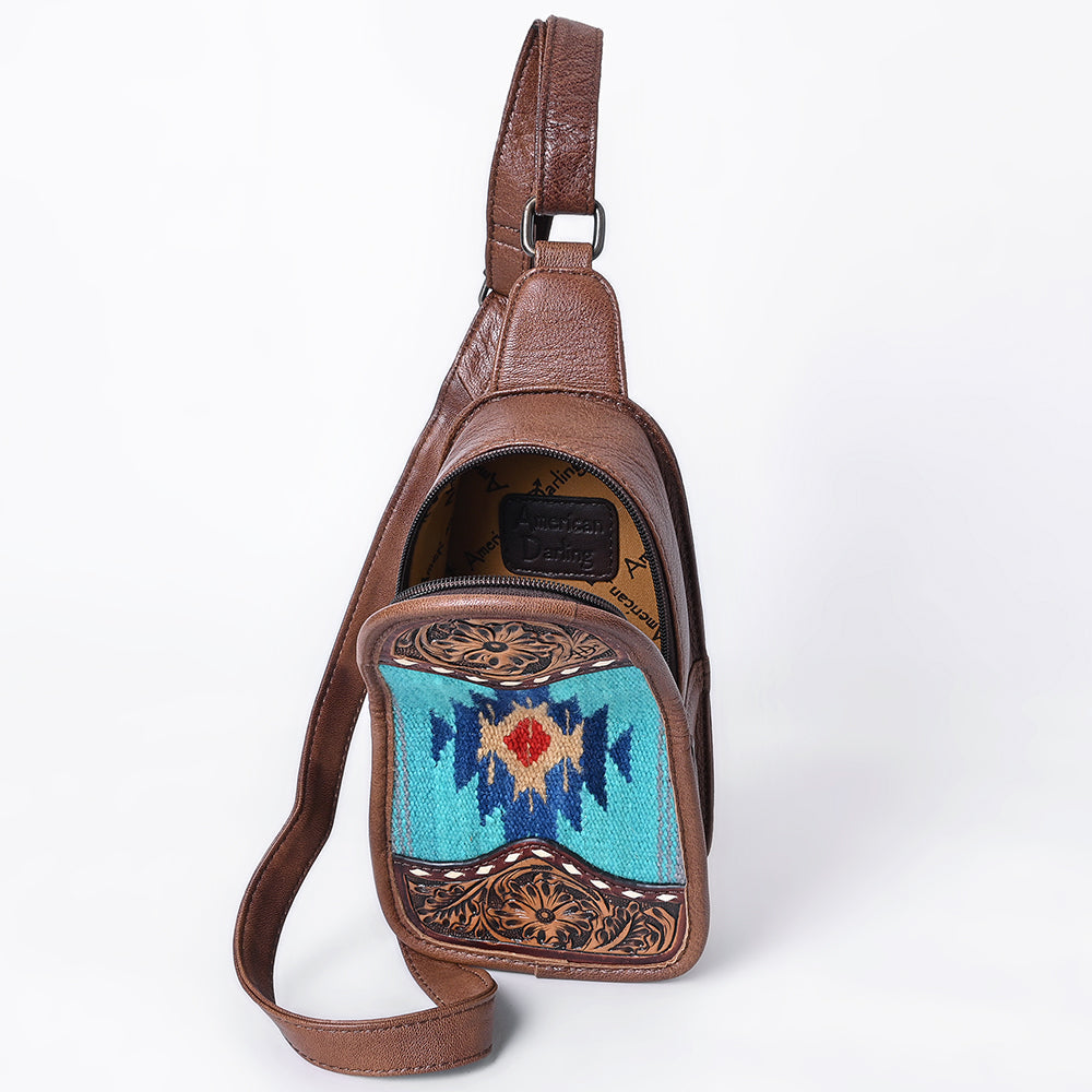 American Darling Sling Hand Tooled Upcycled Wool Genuine Leather