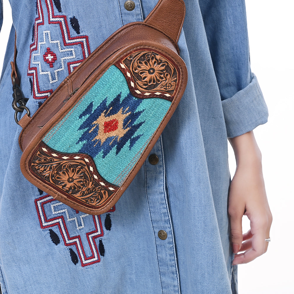 American Darling Sling Hand Tooled Upcycled Wool Genuine Leather