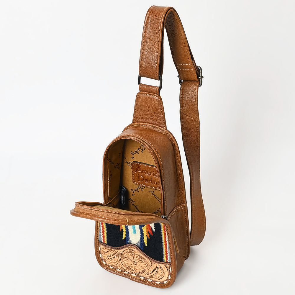 American Darling Sling Hand Tooled Upcycled Wool Genuine Leather
