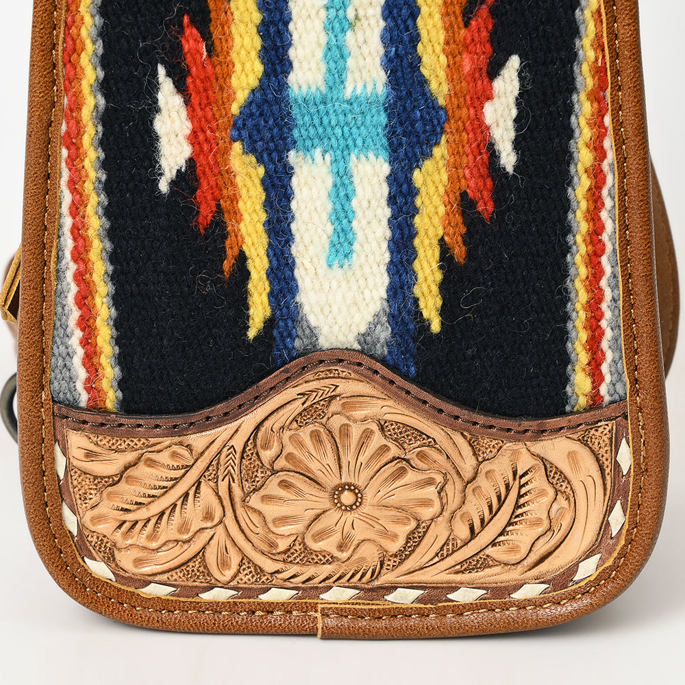 American Darling Western Leather Sling Bag with Hand-Tooled Floral Carving, Woven Saddle Blanket Panel, Adjustable Strap & Secure Storage