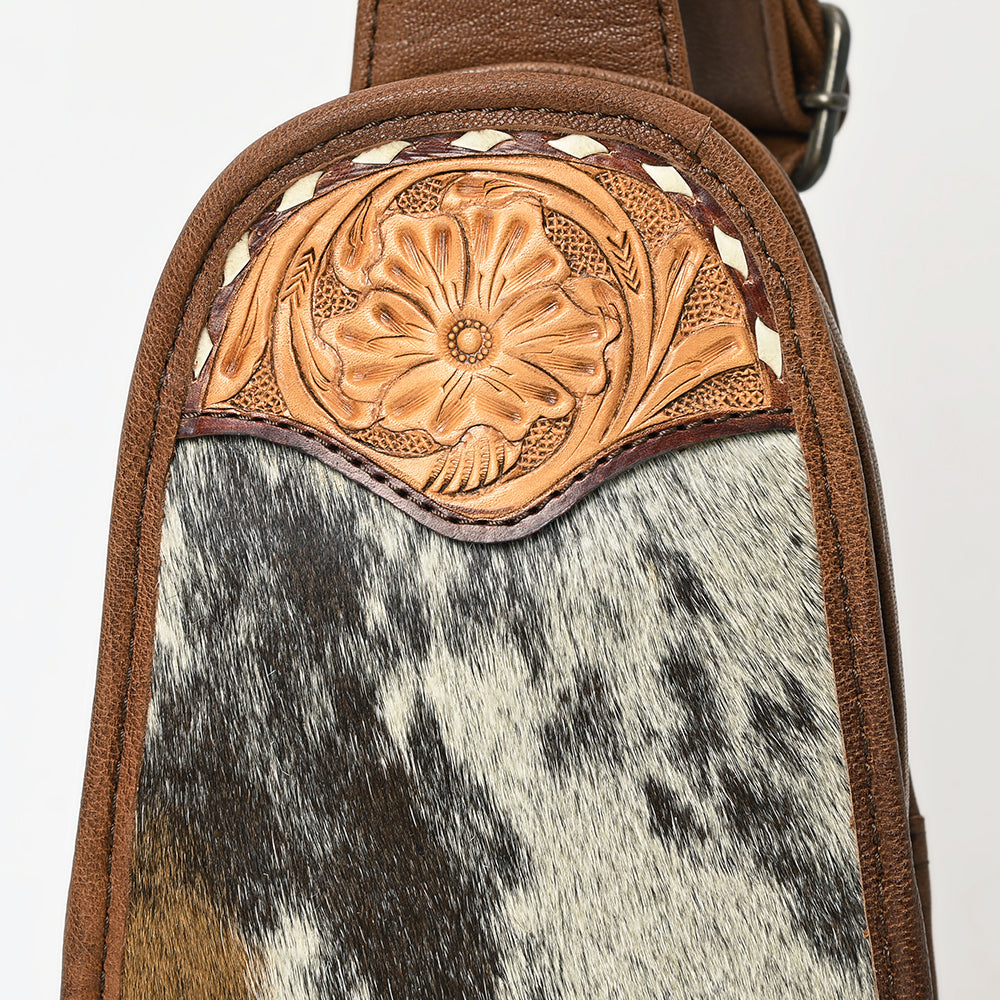 American Darling Western Leather Sling Bag with Hand-Tooled Floral Carving, Woven Saddle Blanket Panel, Adjustable Strap & Secure Storage