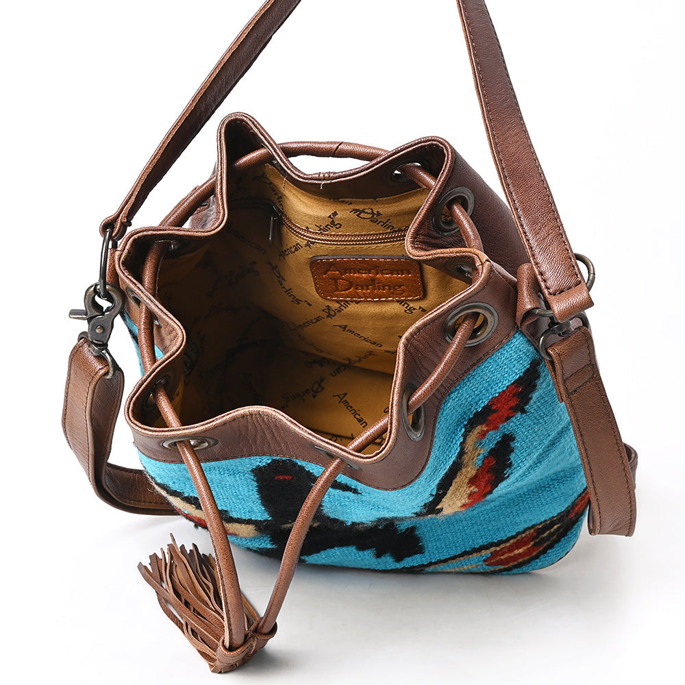 American Darling Western Leather Bucket Bag with Hand-Woven Saddle Blanket, Drawstring Closure, Tassel Detail, Adjustable Strap & Premium Craftsmanship