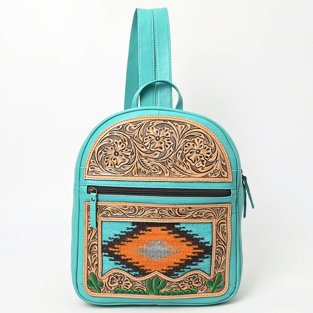American Darling Western Leather Backpack Bag with Hand-Tooled Floral Details, Woven Saddle Blanket Front, Adjustable Strap, Spacious Interior & Premium Craftsmanship