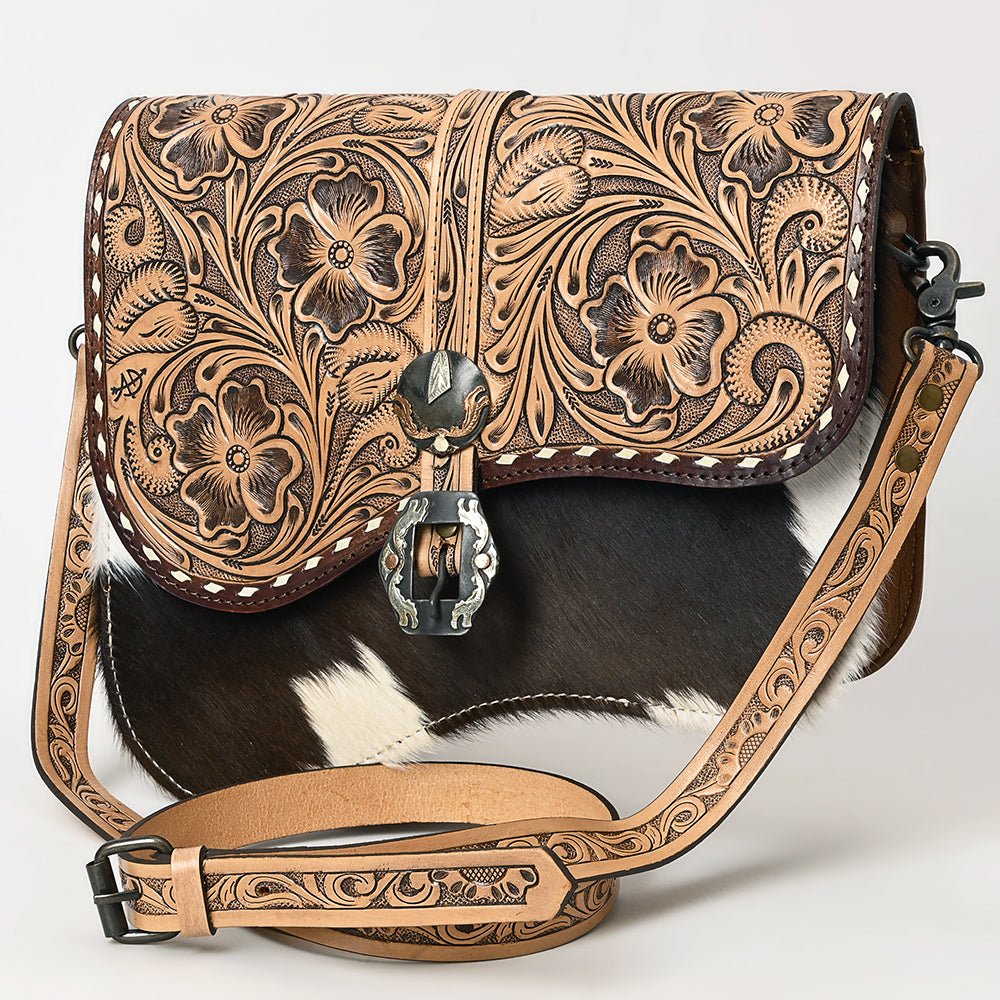 American Darling Hand-Tooled Hair-On Genuine Leather Crossbody Bag