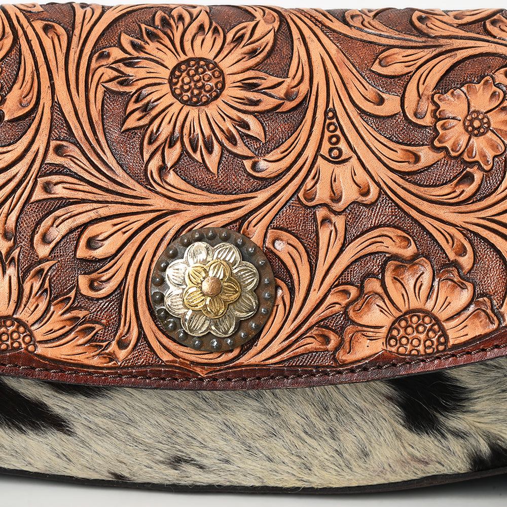 American Darling Hand Tooled Floral Carved Hair-On Cowhide Small Cross body Bag Eco-Friendly Genuine Leather Western Purse