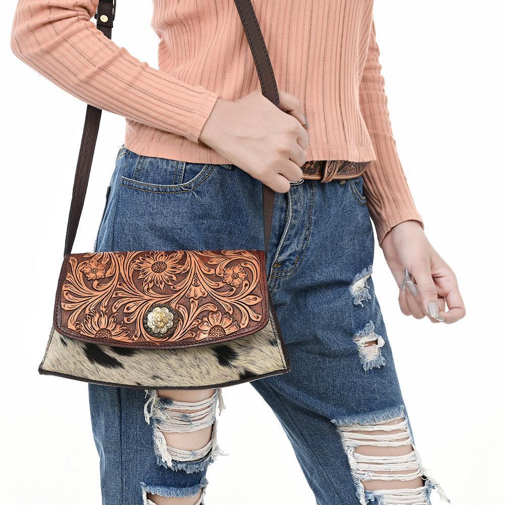 American Darling Hand-Tooled Hair-On Genuine Leather Crossbody Bag