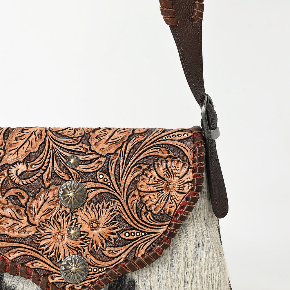 American Darling Hand Tooled Floral Carved Hair-On Cowhide Small Cross body Bag Braided Genuine Leather Western Purse