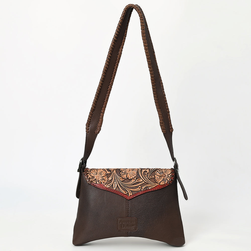 American Darling Hand Tooled Floral Carved Hair-On Cowhide Small Cross body Bag Braided Genuine Leather Western Purse