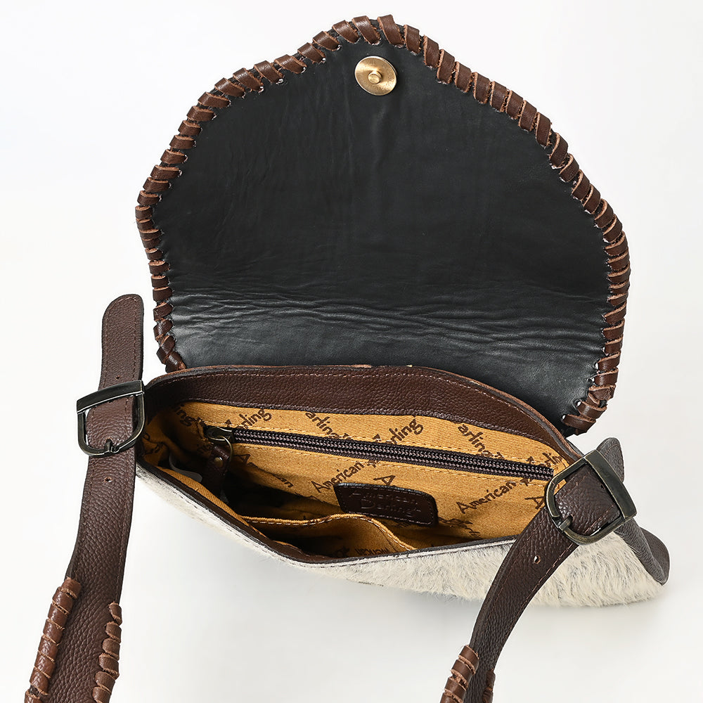 American Darling Hand Tooled Floral Carved Hair-On Cowhide Small Cross body Bag Braided Genuine Leather Western Purse