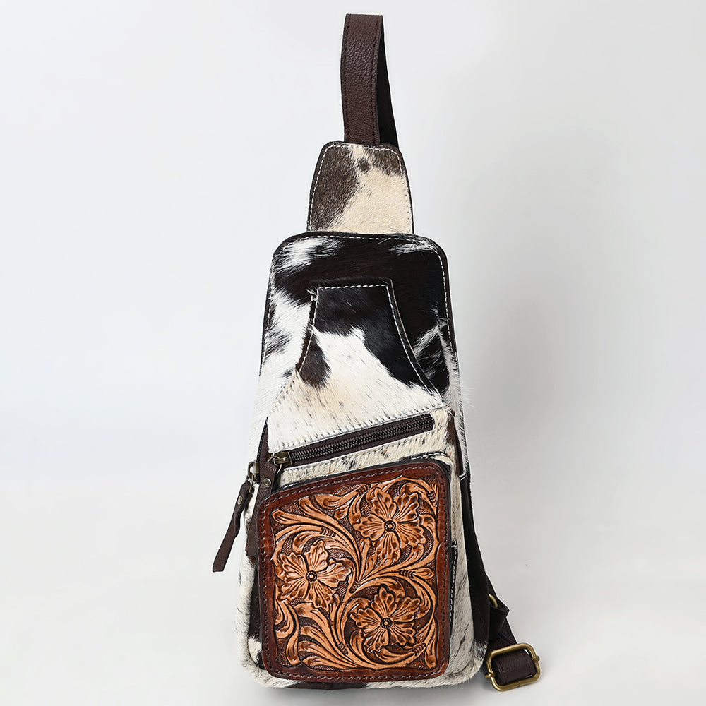American Darling Women's Hand Tooled Floral Carved Hair-On Cowhide Genuine Leather Sling Bag Western Eco-Friendly Purse