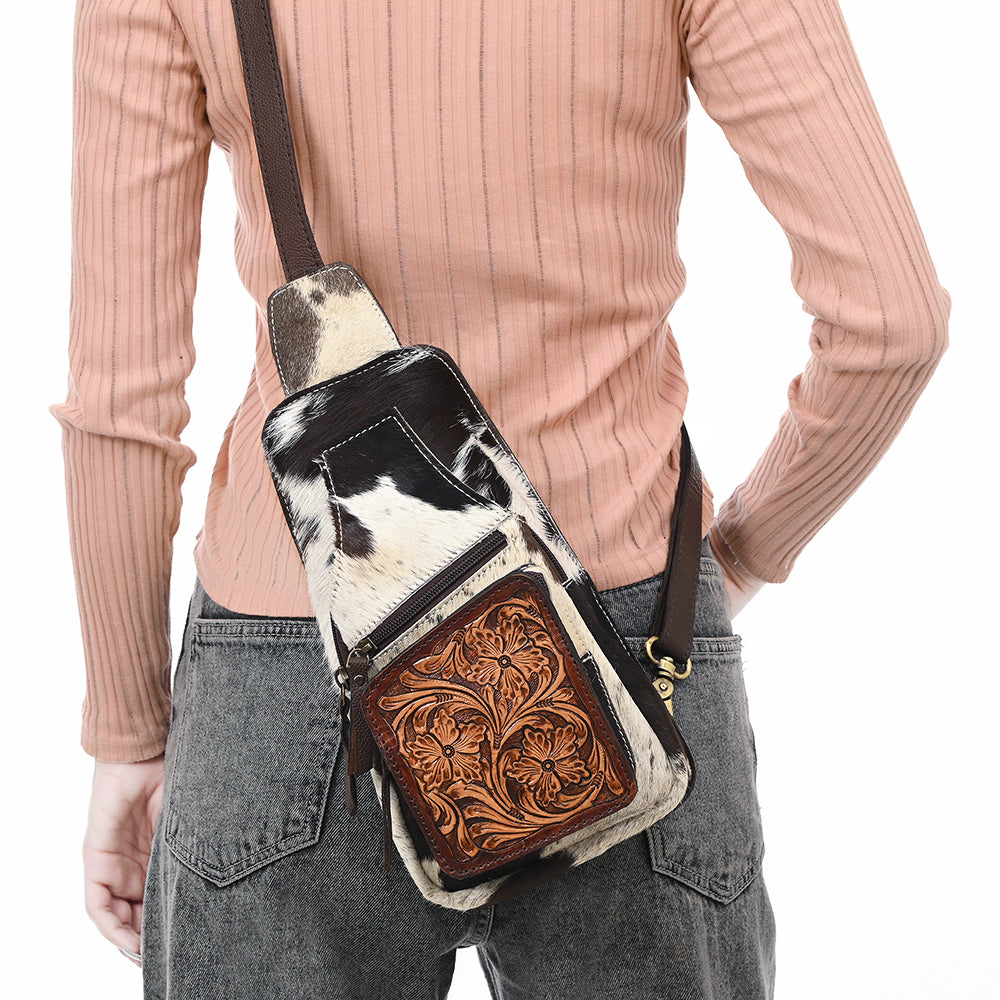 American Darling Hand-Tooled Hair-On Genuine Leather Sling Bag