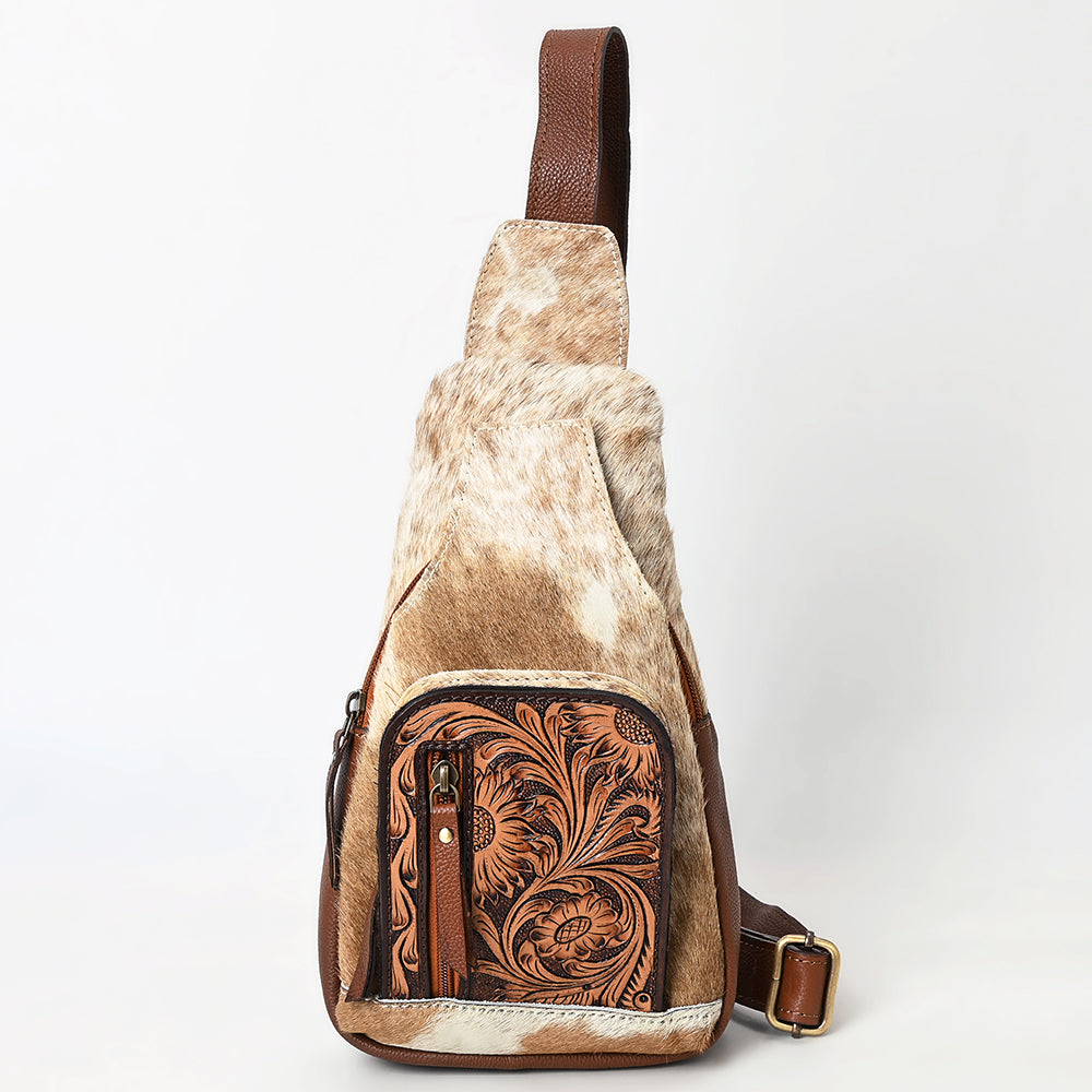 American Darling Women's Hand Tooled Floral Carved Hair-On Cowhide Genuine Leather Sling Bag Eco-Friendly Crossbody