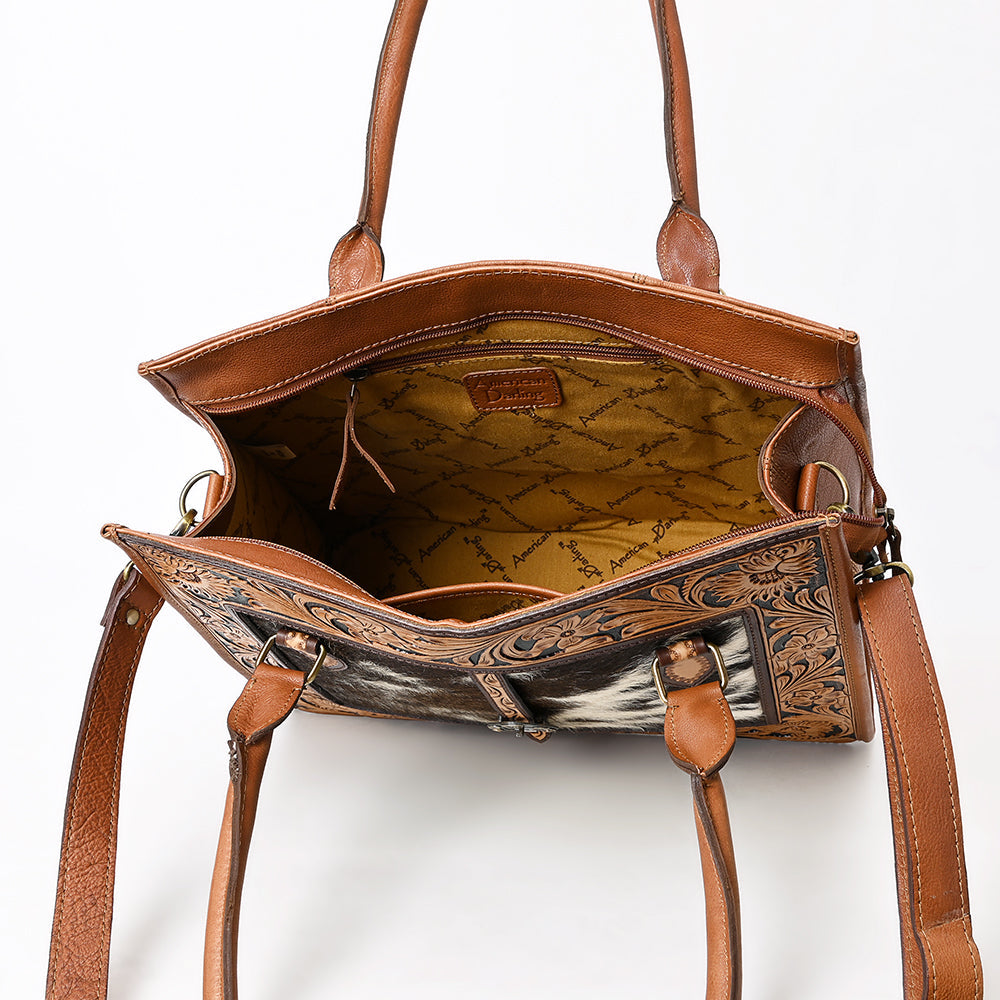 American Darling Women's Hand Tooled Floral Carved Hair-On Cowhide Genuine Leather Tote Bag Eco-Friendly YKK Zipper