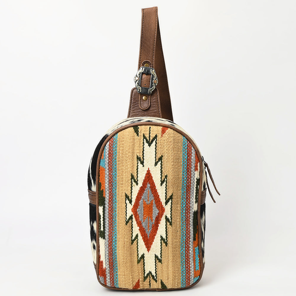 American Darling Western Leather Sling Bag with Hair-On Cowhide, Hand Woven Saddle Blanket Front, Adjustable Strap & Organized Interior