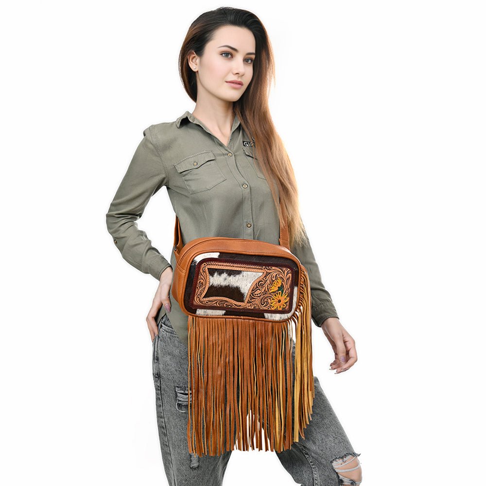 American Darling Hand-Tooled Hair-On Genuine Leather Fanny Pack