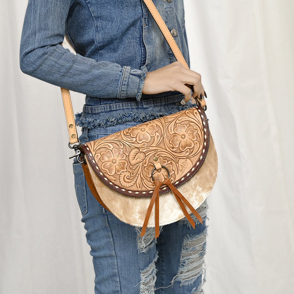 American Darling Hand-Tooled Hair-On Genuine Leather Small Crossbody Bag