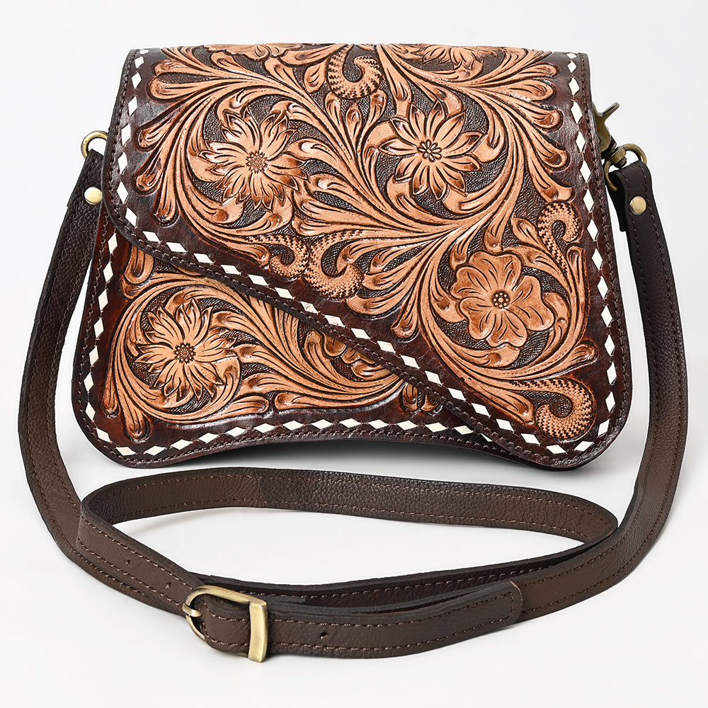 American Darling Women's Hand Tooled Floral Carved Genuine Leather Cross body Bag Buck Stitched Eco-Friendly Purse