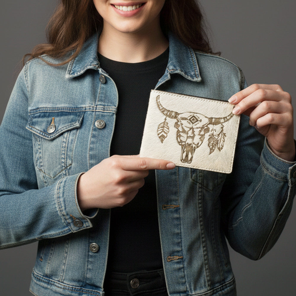 American Darling Wallet Western Hair-On Cowhide Genuine Leather Handcrafted Pocket Bifold Wallet with ID Window