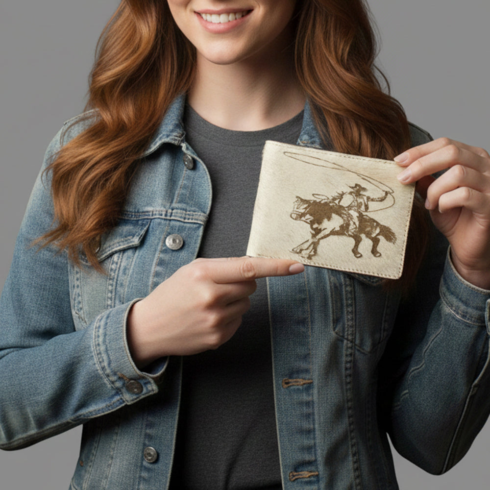 American Darling Wallet Western Hair-On Cowhide Genuine Leather Handcrafted Pocket Bifold Wallet with ID Window