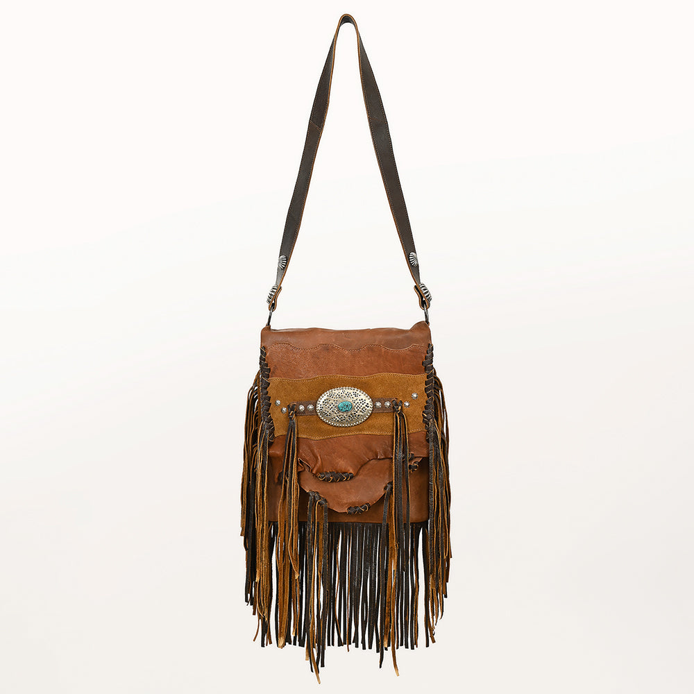 American Darling Messenger Bag Western Hair-On Cowhide Genuine Leather Handcrafted Purse with Fringes and Turquoise Stone