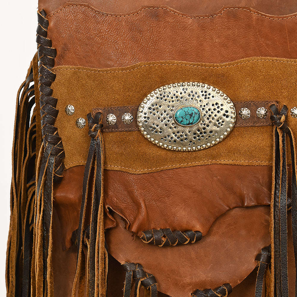 American Darling Messenger Bag Western Hair-On Cowhide Genuine Leather Handcrafted Purse with Fringes and Turquoise Stone