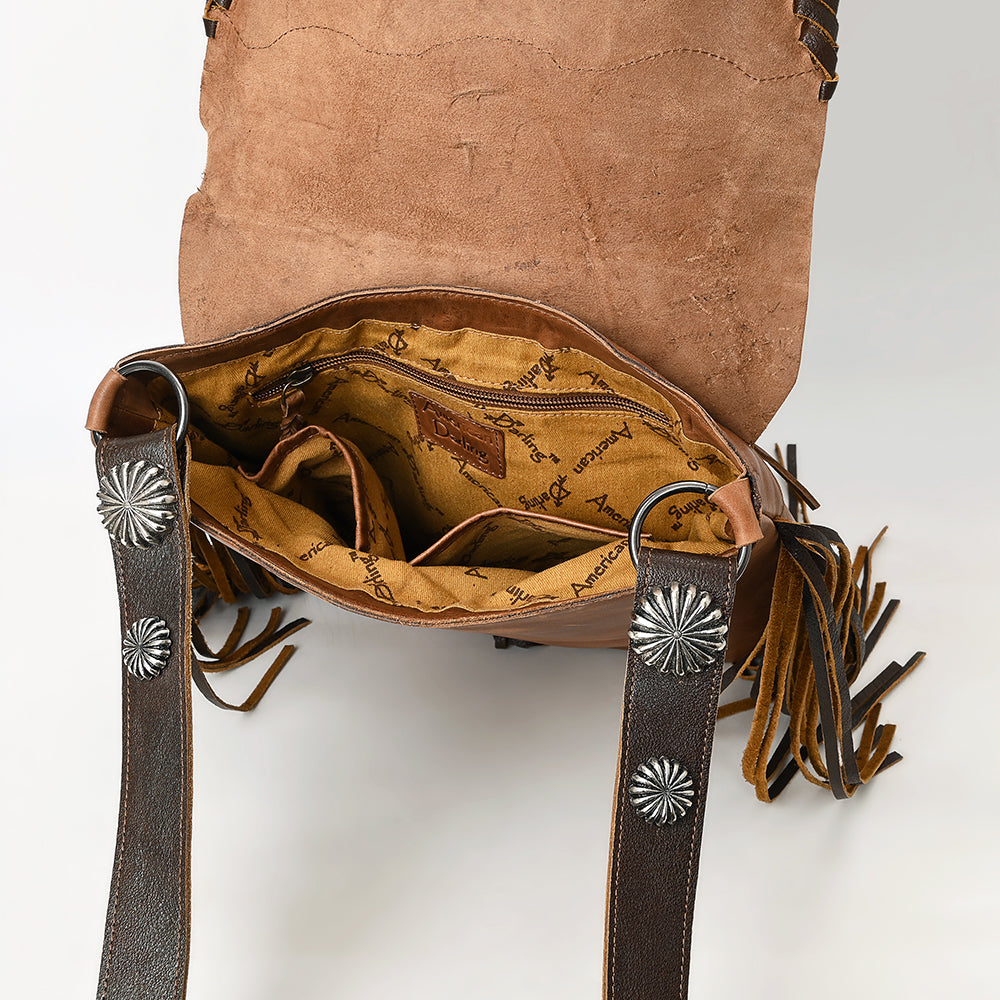 American Darling Messenger Bag Western Hair-On Cowhide Genuine Leather Handcrafted Purse with Fringes and Turquoise Stone
