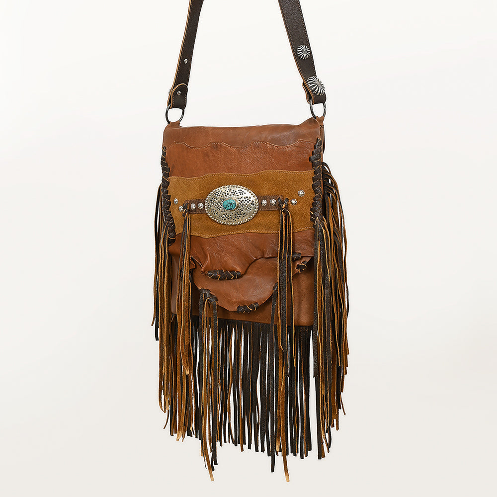 American Darling Messenger Bag Western Hair-On Cowhide Genuine Leather Handcrafted Purse with Fringes and Turquoise Stone