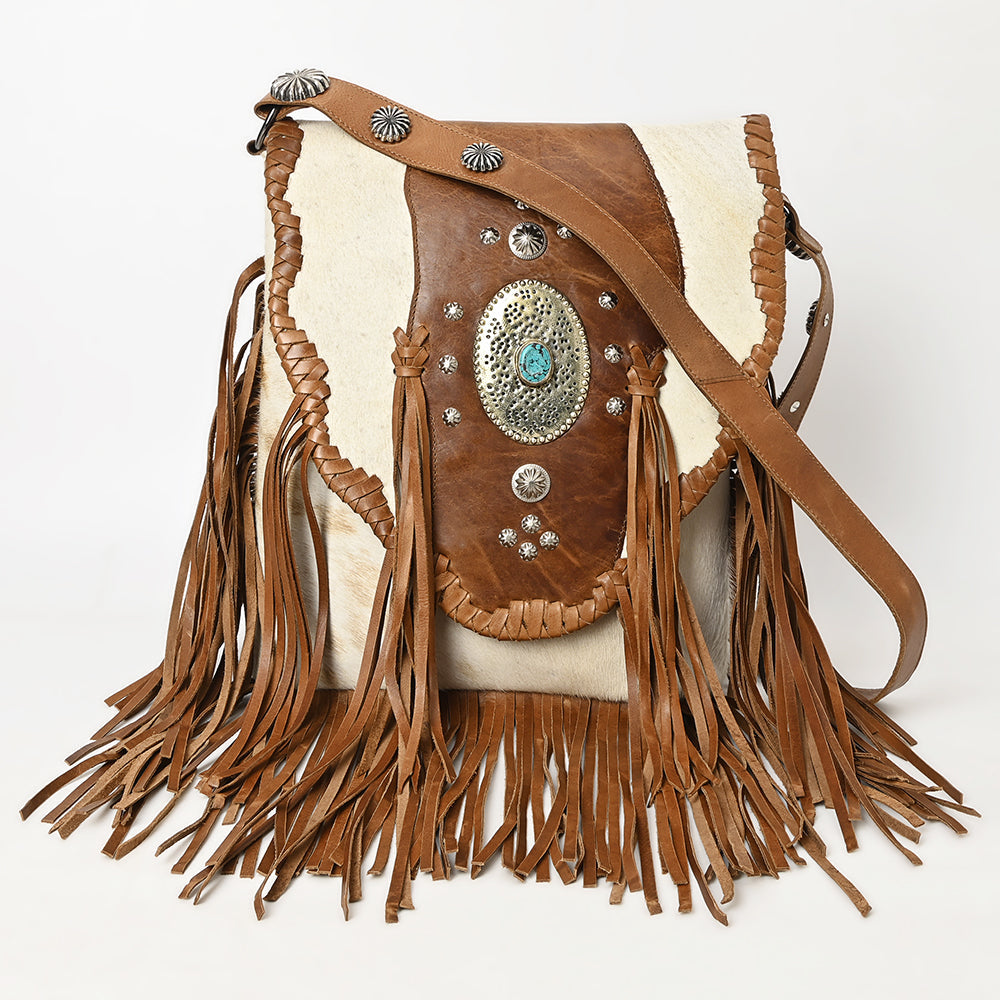 American Darling Messenger Bag Western Hair-On Cowhide Genuine Leather Handcrafted Purse with Fringes and Turquoise Stone