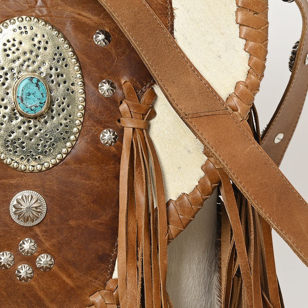 American Darling Messenger Bag Western Hair-On Cowhide Genuine Leather Handcrafted Purse with Fringes and Turquoise Stone