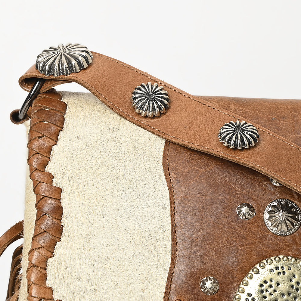 American Darling Messenger Bag Western Hair-On Cowhide Genuine Leather Handcrafted Purse with Fringes and Turquoise Stone