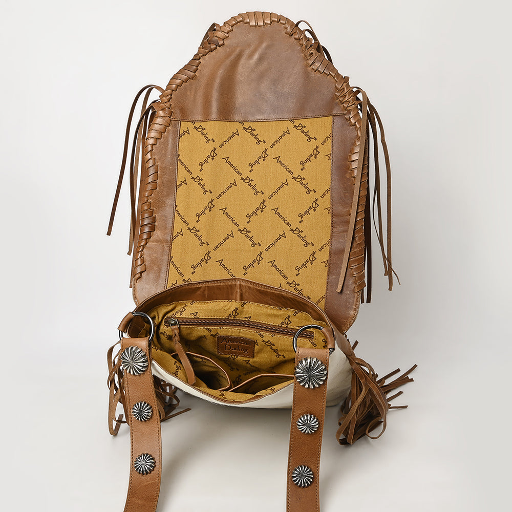 American Darling Messenger Bag Western Hair-On Cowhide Genuine Leather Handcrafted Purse with Fringes and Turquoise Stone