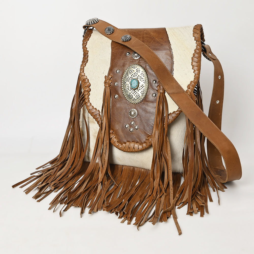 American Darling Messenger Bag Western Hair-On Cowhide Genuine Leather Handcrafted Purse with Fringes and Turquoise Stone