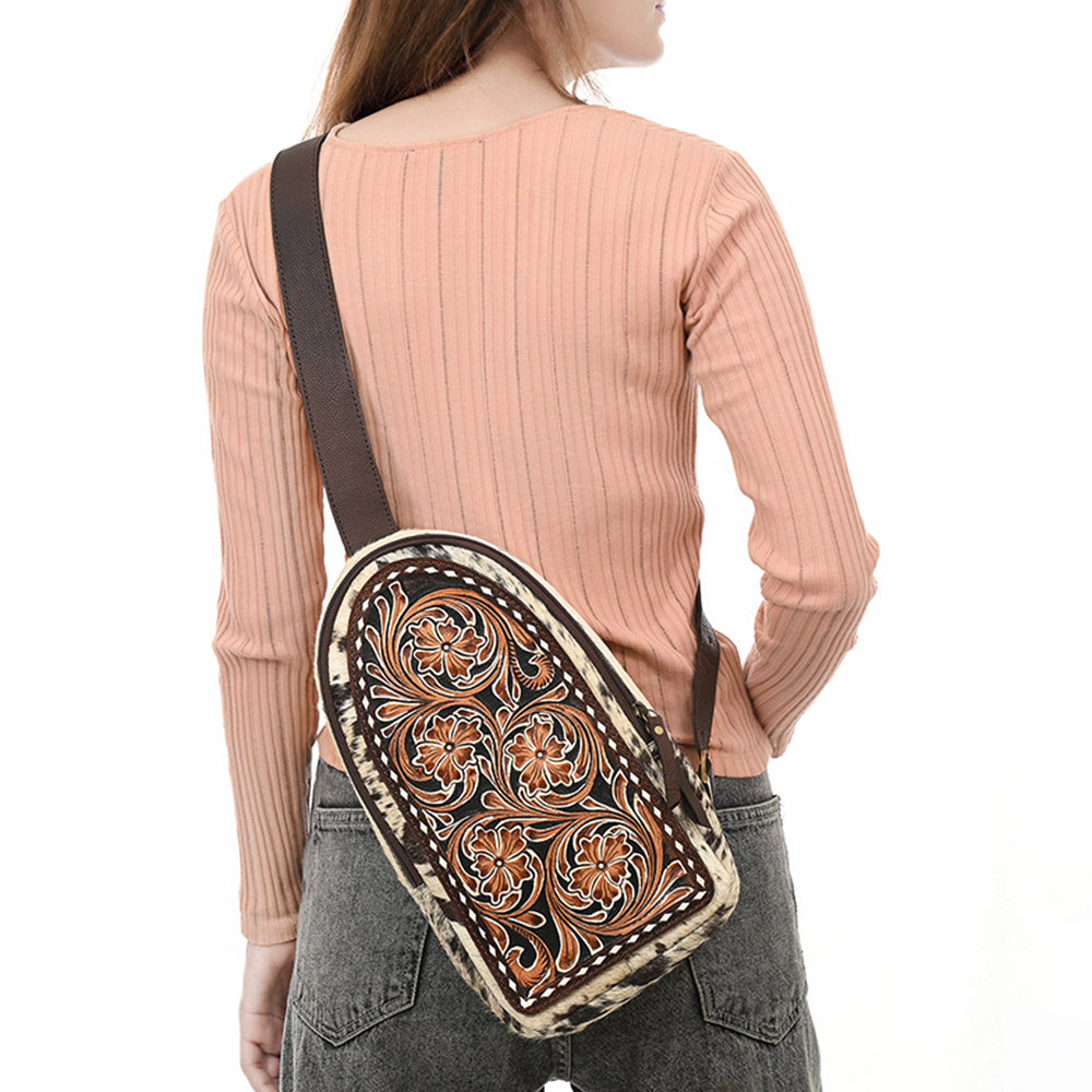 American Darling Sling Bag - Hair-On Cowhide, Hand Tooled Floral Carved, Eco-Friendly Vegetable Tanned Genuine Leather
