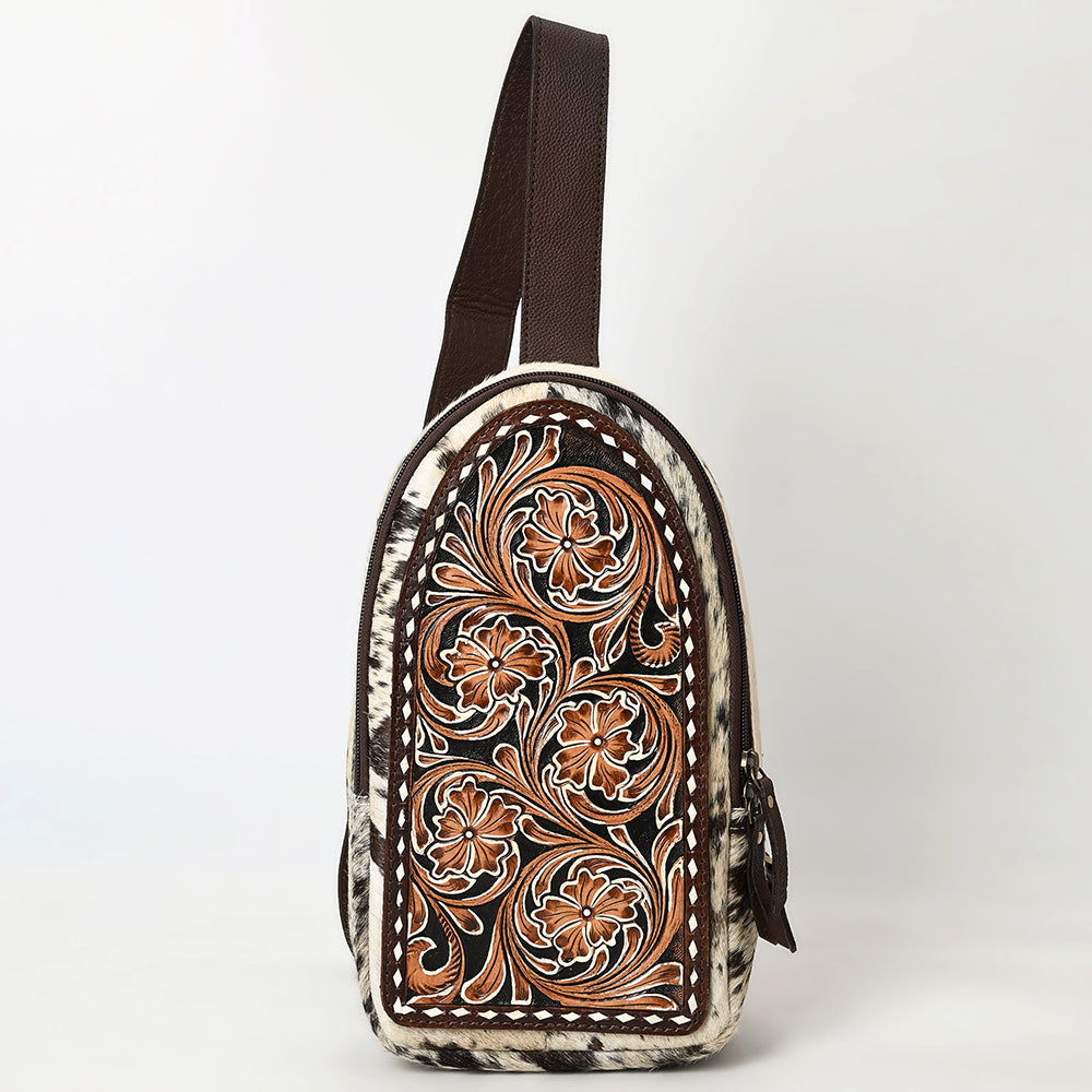 American Darling Sling Bag - Hair-On Cowhide, Hand Tooled Floral Carved, Eco-Friendly Vegetable Tanned Genuine Leather