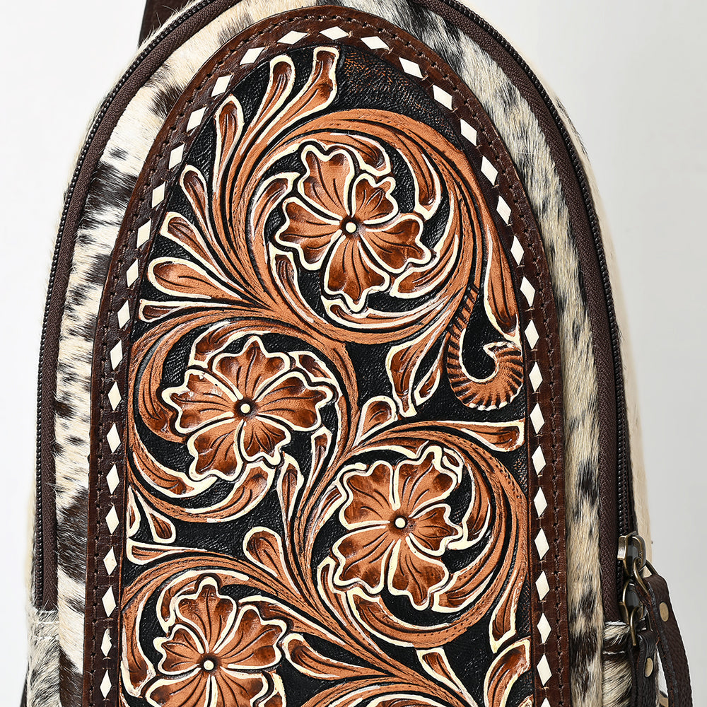 American Darling Sling Bag - Hair-On Cowhide, Hand Tooled Floral Carved, Eco-Friendly Vegetable Tanned Genuine Leather