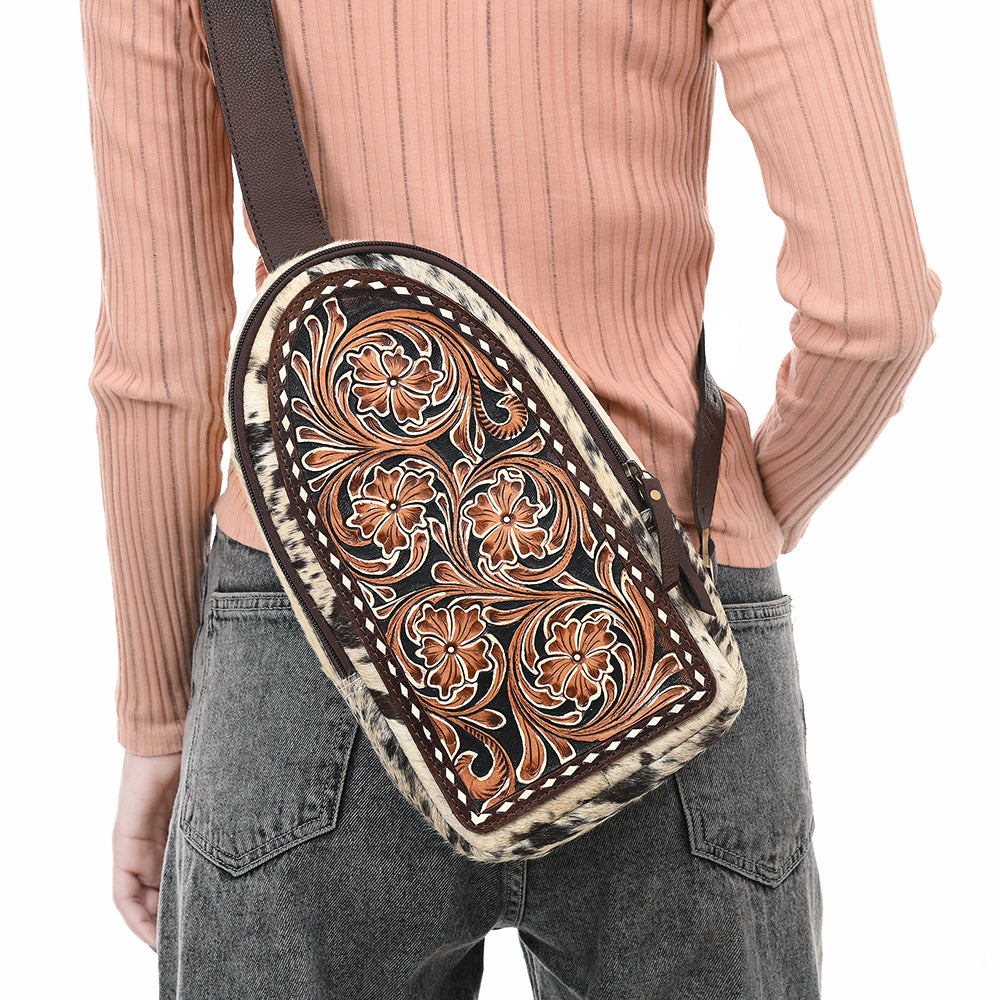 American Darling Sling Bag - Hair-On Cowhide, Hand Tooled Floral Carved, Eco-Friendly Vegetable Tanned Genuine Leather