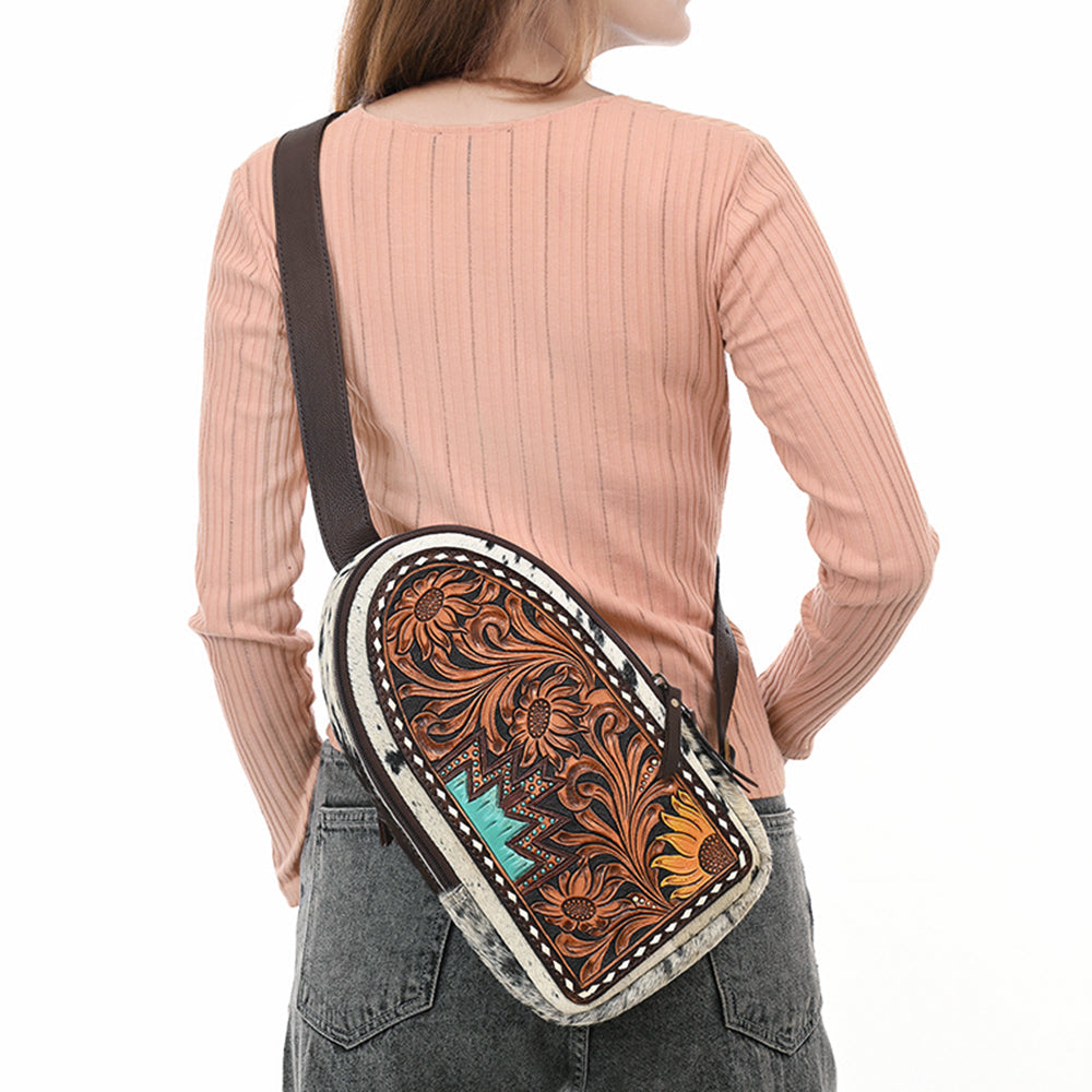 American Darling Sling Bag - Hand Tooled Floral Carved, Hair-On Cowhide, Eco-Friendly Vegetable Tanned Genuine Leather
