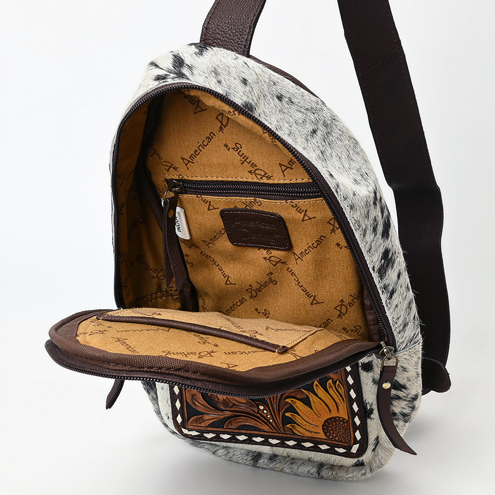 American Darling Sling Bag - Hand Tooled Floral Carved, Hair-On Cowhide, Eco-Friendly Vegetable Tanned Genuine Leather