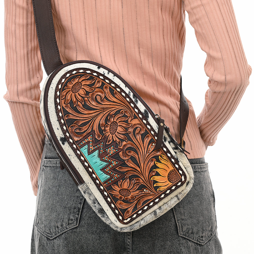 American Darling Sling Bag - Hand Tooled Floral Carved, Hair-On Cowhide, Eco-Friendly Vegetable Tanned Genuine Leather
