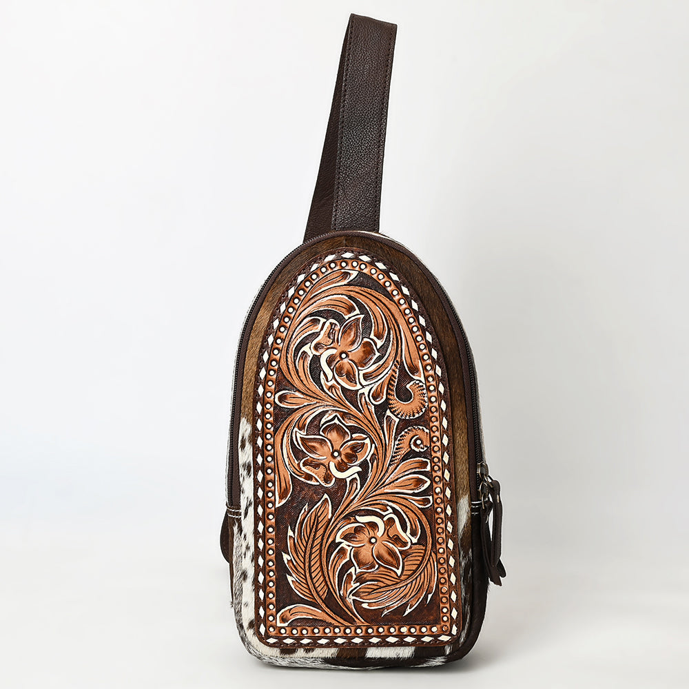 American Darling Sling Bag - Hand Tooled Floral Carved, Hair-On Cowhide, Eco-Friendly Vegetable Tanned Genuine Leather