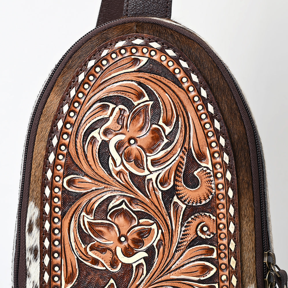 American Darling Sling Bag - Hand Tooled Floral Carved, Hair-On Cowhide, Eco-Friendly Vegetable Tanned Genuine Leather