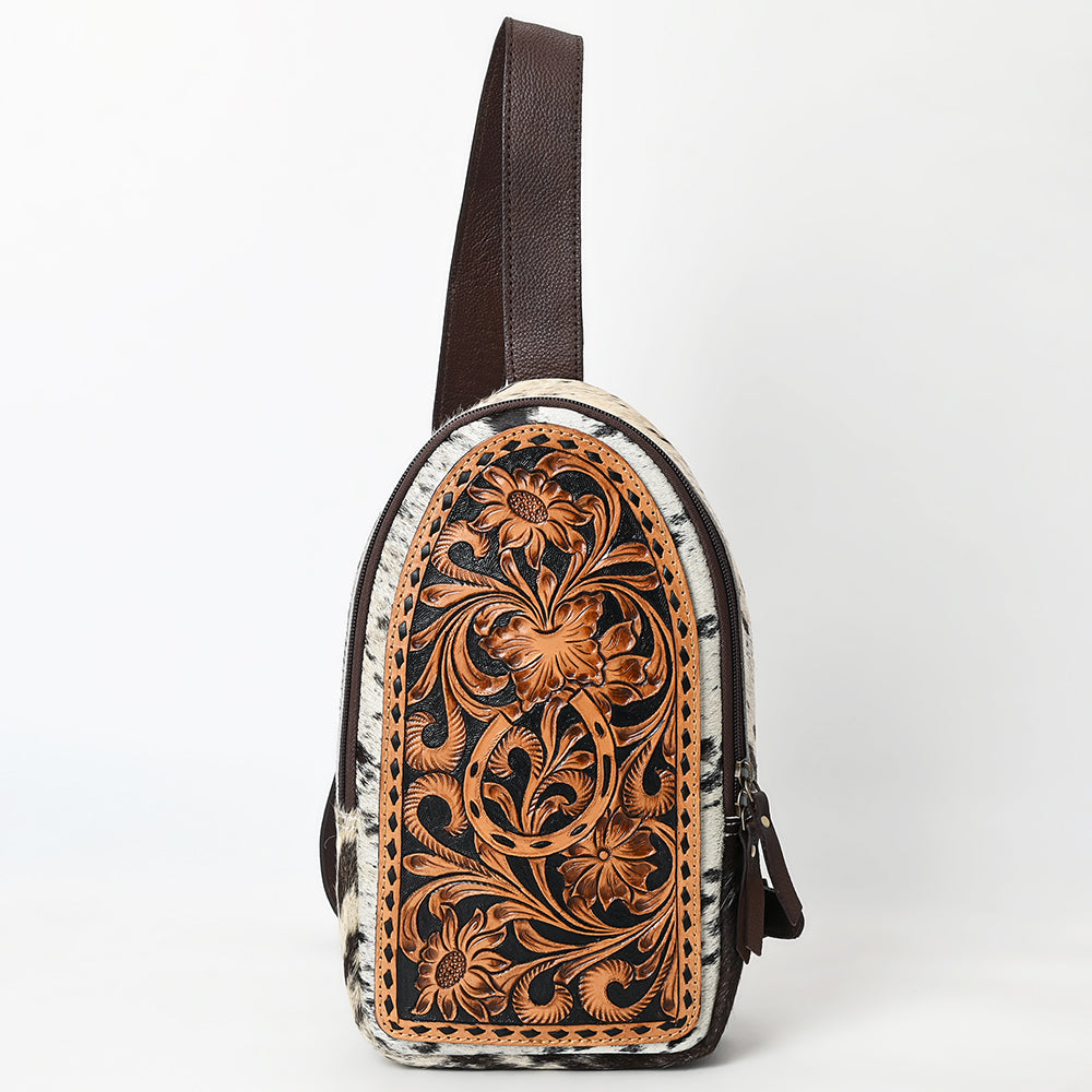 American Darling Sling Bag - Buck Stitched Floral Carved Hair-On Cowhide, Eco-Friendly Vegetable Tanned Genuine Leather