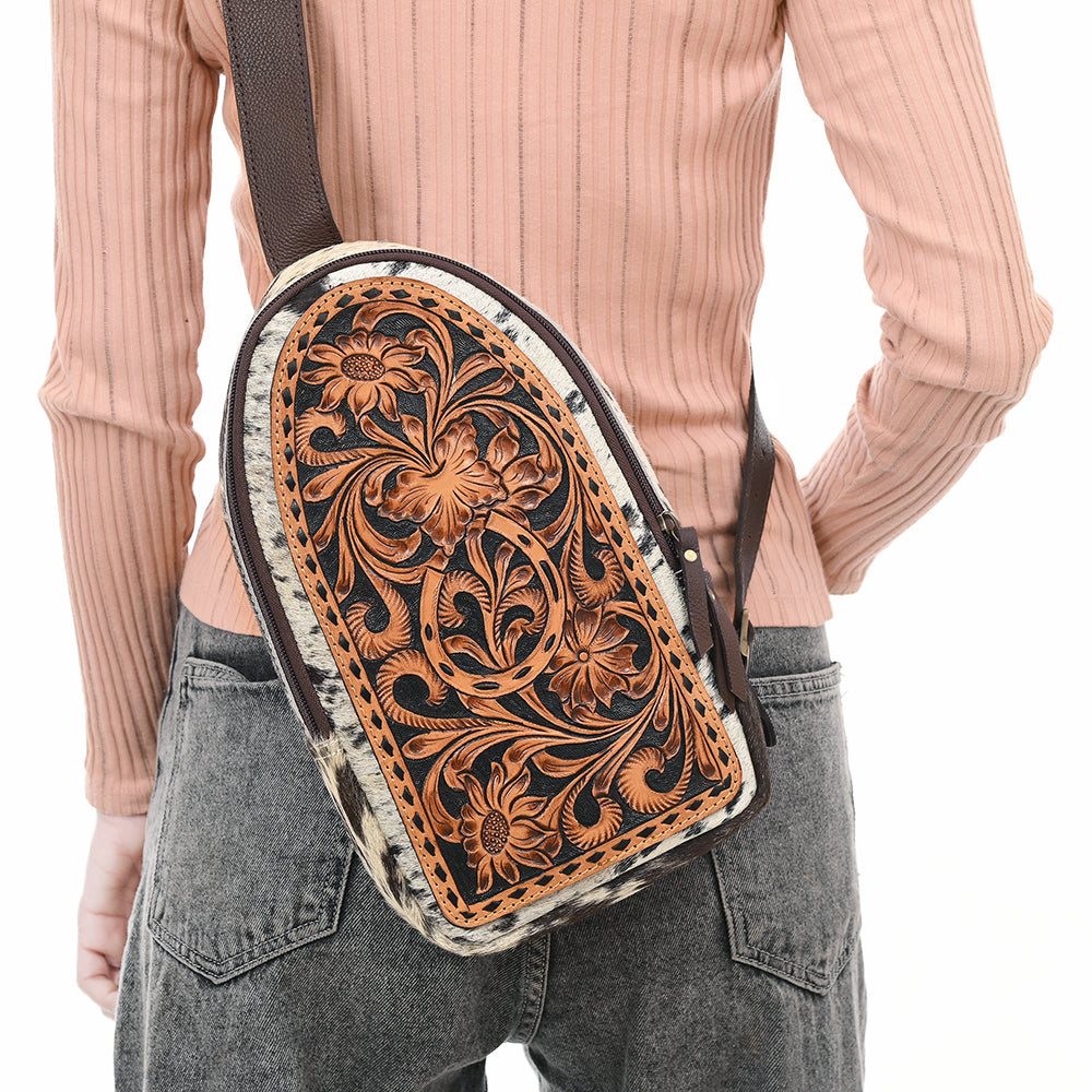American Darling Sling Bag - Buck Stitched Floral Carved Hair-On Cowhide, Eco-Friendly Vegetable Tanned Genuine Leather