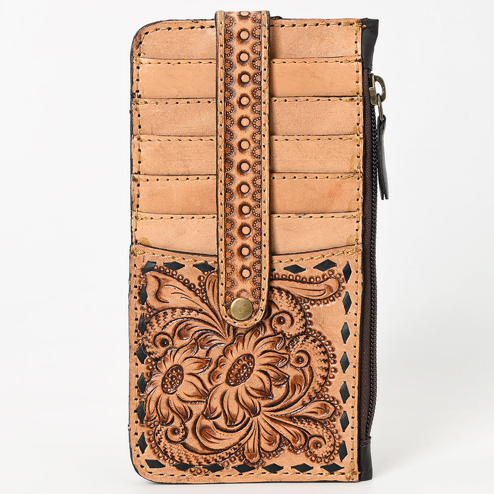 American Darling Card Holder - Buck Stitched Floral Carved, Eco-Friendly Vegetable Tanned Genuine Leather, Western Style Wallet