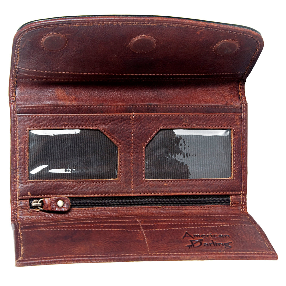 American Darling Wallet Hand Tooled Leather Clutch Vegetable Tanned Western Accessory 4in x 8in