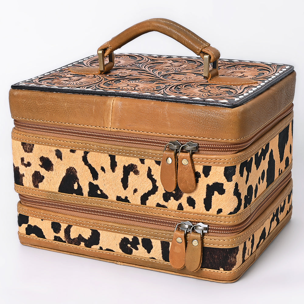 American Darling Hair-On Cowhide Hand Tooled Floral Carved Leather Jewelry Case Genuine Western Leather with YKK Zipper