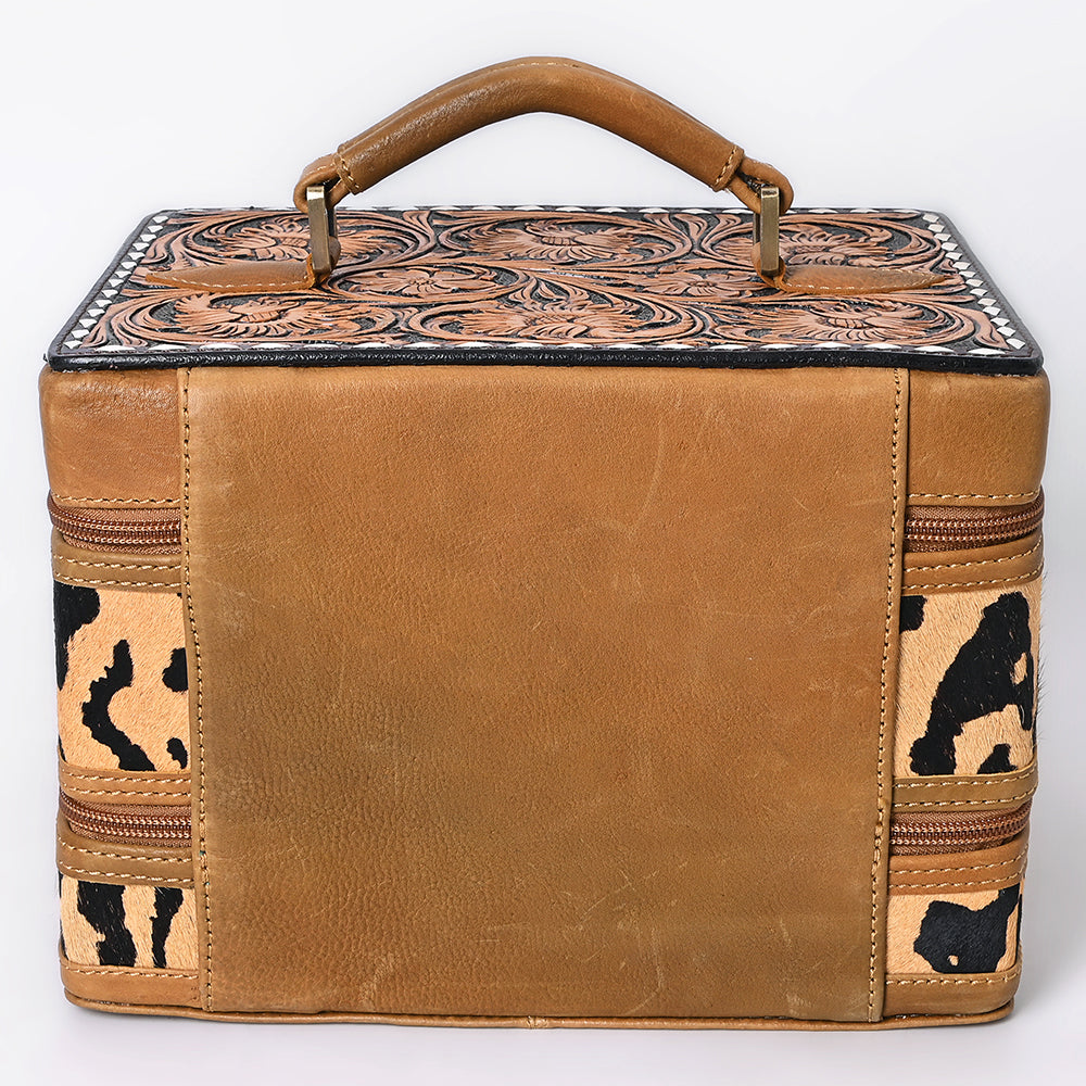 American Darling Hair-On Cowhide Hand Tooled Floral Carved Leather Jewelry Case Genuine Western Leather with YKK Zipper