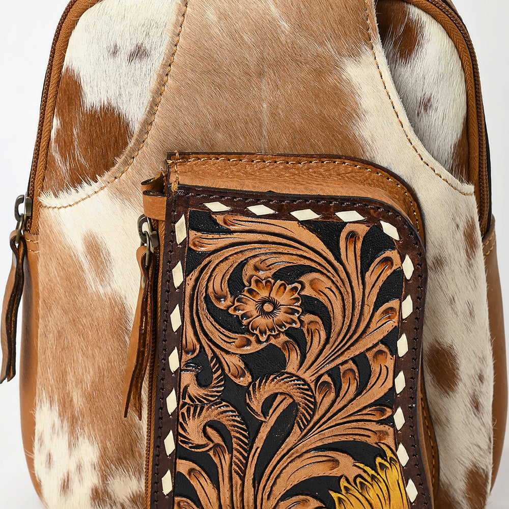 American Darling Sling Bag - Buck Stitched Floral Carved, Hair-On Cowhide, Eco-Friendly Vegetable Tanned Genuine Leather