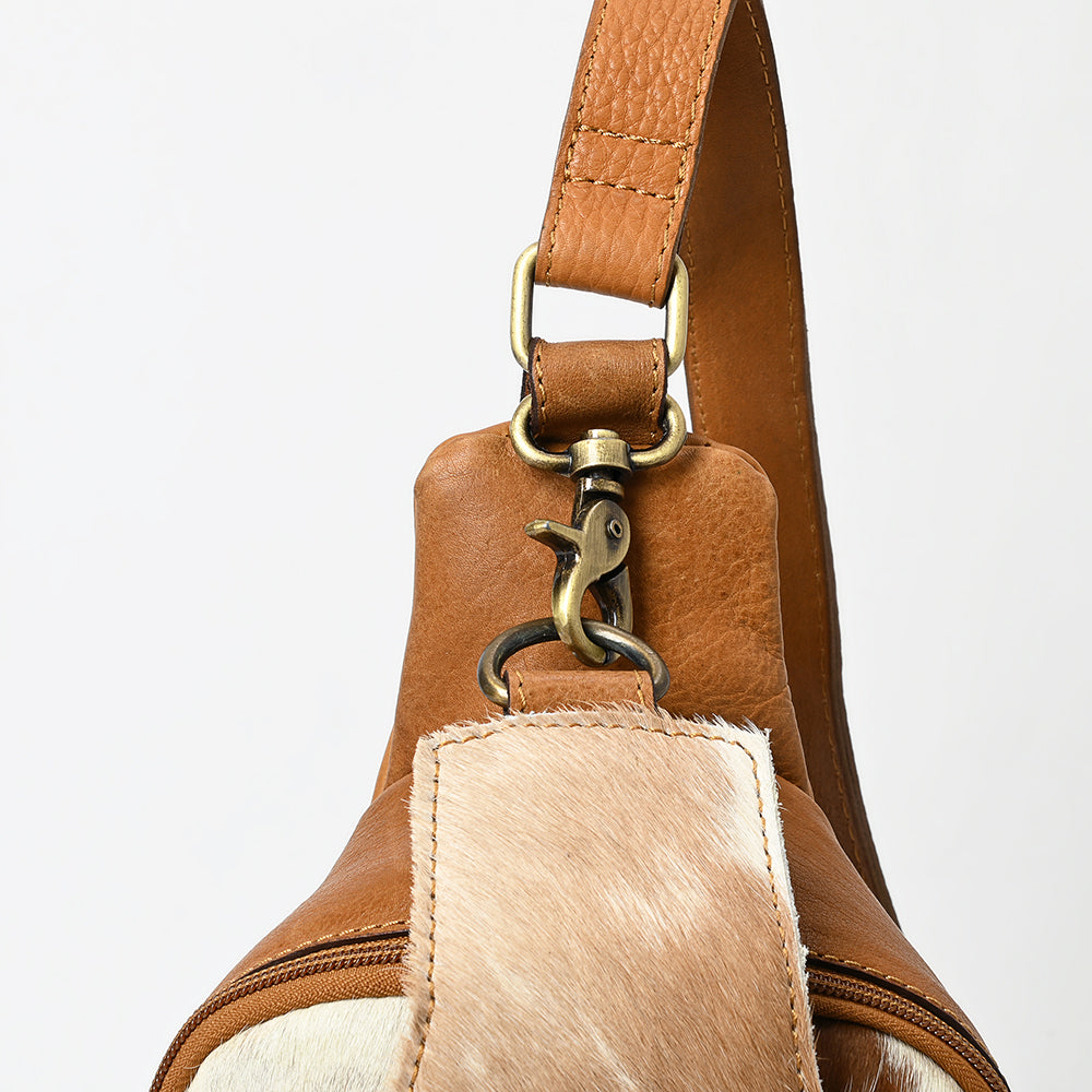 American Darling Sling Bag - Buck Stitched Floral Carved, Hair-On Cowhide, Eco-Friendly Vegetable Tanned Genuine Leather